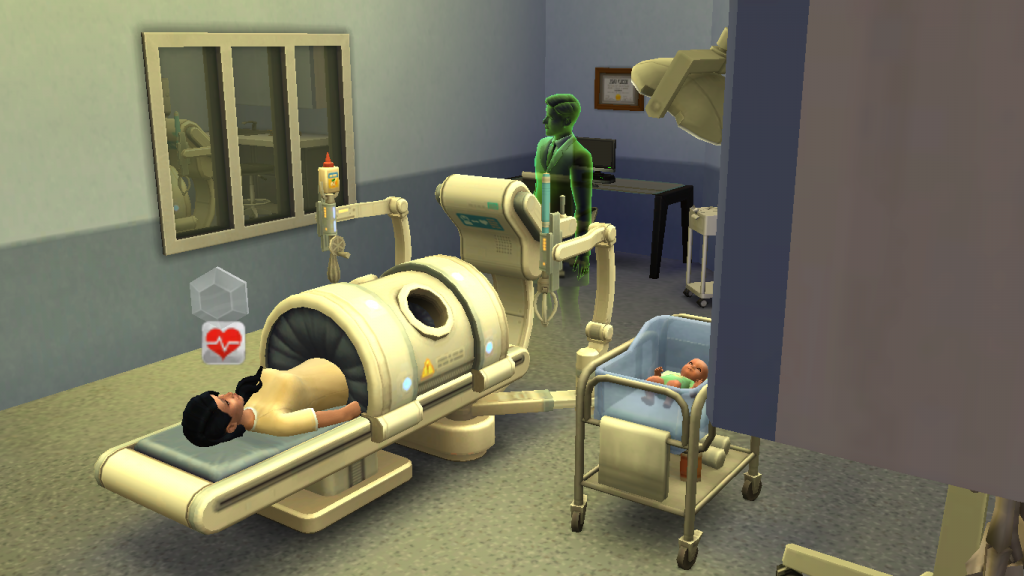 Ik speel met de uitbreiding 'Aan het werk' waarbij je Sim kan bevallen in het ziekenhuis.